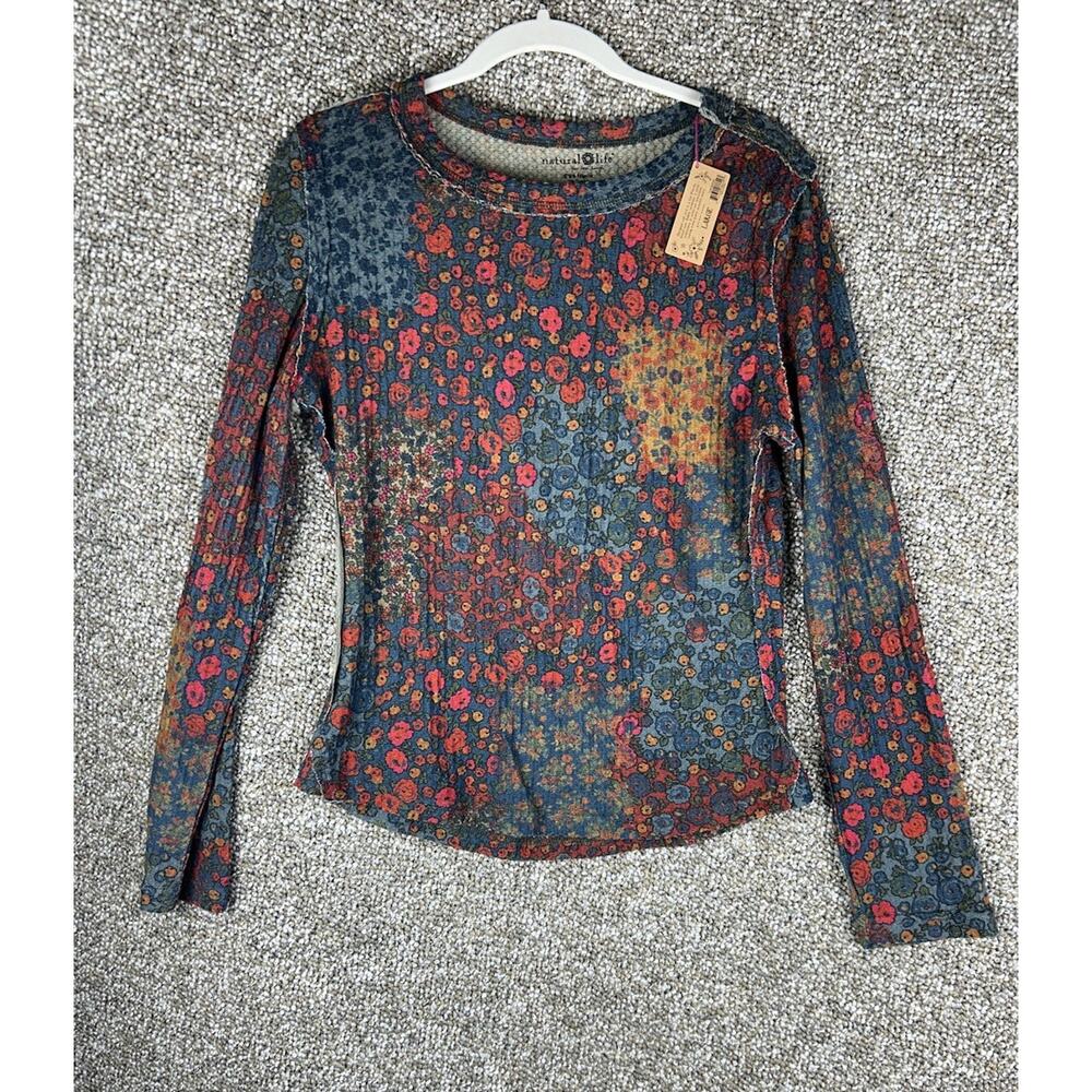Natural Life Floral Long Sleeve Floral Distressed Raw Edge Hem Shirt Sz Large